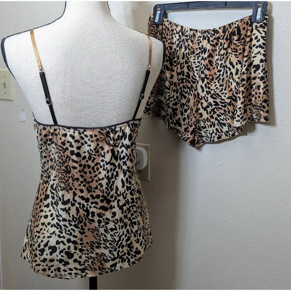 Womens Size Small 2 Pc Babydoll‎ Cami & Shorts Pajama Set Leopard Vintage Retro